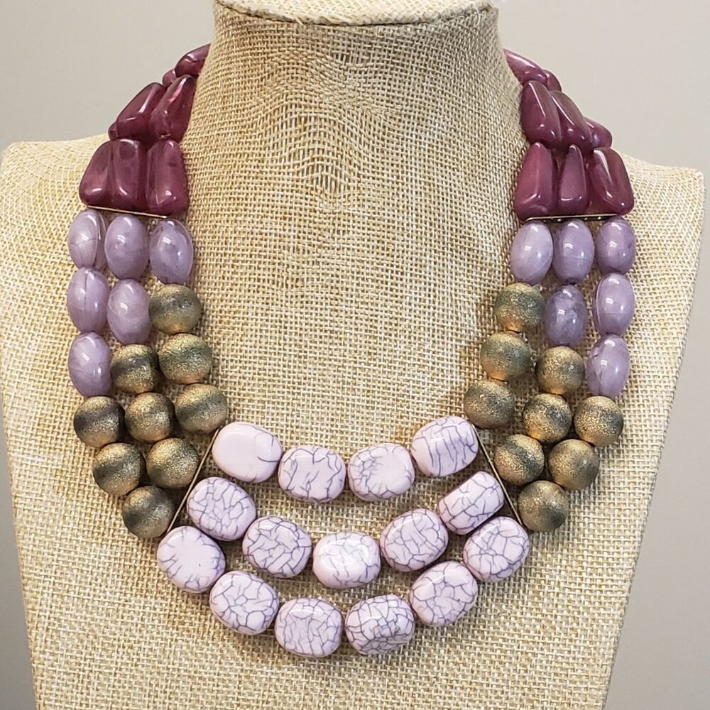 Wine, pink, blush cracked grey, chunky multi bead necklace